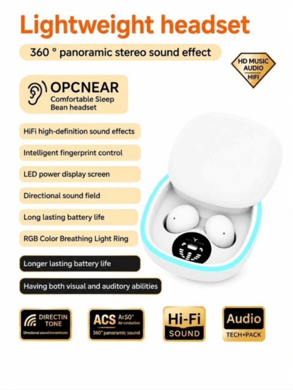 OPCNEAR Comfortable Sleep Bean Headset Wireless Earbuds White & Blue